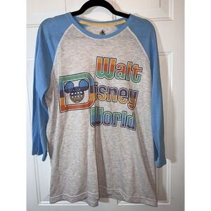 Walt Disney World Retro Colorful Logo Gray Blue Baseball‎ Tee Shirt Mens Size L